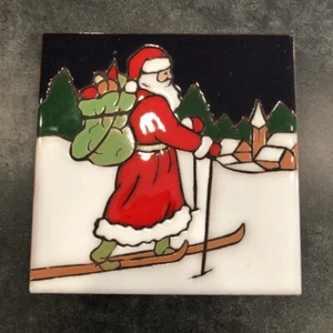 Tile Trivet Wall Hanger Skiing Santa Mag Mor Studios Hand Painted New Mexico - Bild 1 von 12