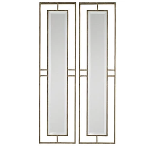 Minimalistisch hohe rechteckige Wandspiegel Set 2 Gold Bronze Mitte des Jahrhunderts offen schmal - Bild 1 von 4