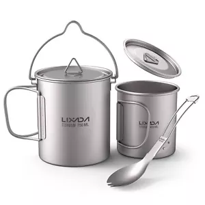 3-teiliges Titan Camping Geschirr Set 750ml Topf 450ml Wasserbecher Klappspork - Bild 1 von 12