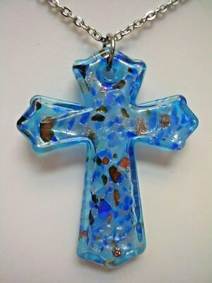 CADENA AMARILLA COLGANTE PATRÓN ESCAMAS CRISTAL ESTILO MURANO CRUZ EN ACERO INOXIDABLE Foto 1 de 4