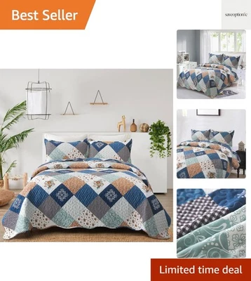 Juego de colcha a cuadros florales de microfibra suave - tamaño queen 3 piezas para todas las estaciones Foto 1 de 4