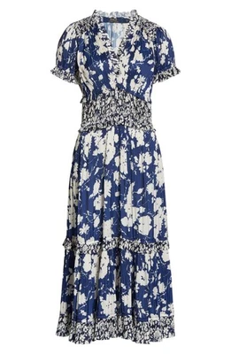 NWT Polo Ralph Lauren Pleated Floral-Print Midi in Blue White Satin Dress 14 - Image 1 of 4