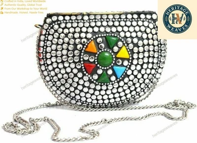 Damen Kleine Größe Meenakari Stein Modisch Handtasche Metall Schultertasche - Bild 1 von 4