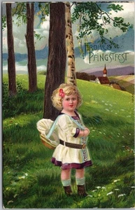 Postal en relieve de Pascua niña e iglesia "Frohes Pfinstfest" - 1911 alemán cancelar - Imagen 1 de 2