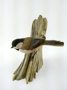 Ernie Muehlmatt Hand Carved Wooden Black Capped Chickadee on Wood AS IS 5.25 In - Picture 1 of 13