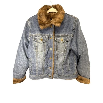 Vintage KC Collections Jacket Womens Medium Denim Faux Fur Lined Trucker 90s - Image 1 of 4