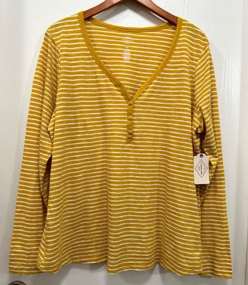St John Bay Women Henley Top Striped Long sleeve Cotton Yellow size 2XL - Image 1 of 4