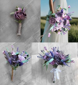Purple Wildflower Bridal Bouquet Lavender Sola Wood Bridesmaid Wedding Flowers - Picture 1 of 10