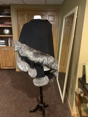 Adrienne Landau Silver Fox Trimmed Black 100% Wool Cape/Shawl - Image 1 of 4