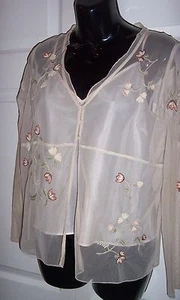 Women's Large Beige Camisole & Sheer Jacket Embroidery Flowers 2 PCS Vintage - Picture 1 of 8