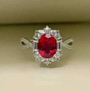 Women Engagement Ring 2 CT Oval Cut Simulated Red Ruby 925 White Sterling Silver - Picture 1 of 5