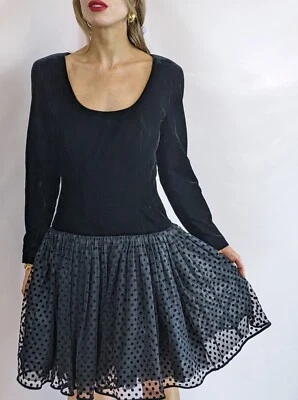 90s Escada Margaretha Ley black chic mini dress velvet tutu skirt size S UK 10 — 第 1/4 张图片