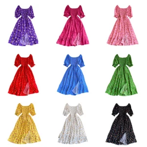 Women Puff Short Sleeve Floral Dress Midi Split Square Neck Ruffle Beach New - Picture 1 of 22