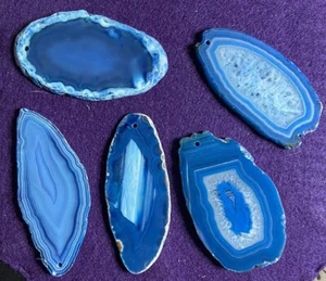 5 Blue Brazilian Agate Pendants 3"x 1" Slices / Drilled Jewelry Making / Geode - Picture 1 of 7