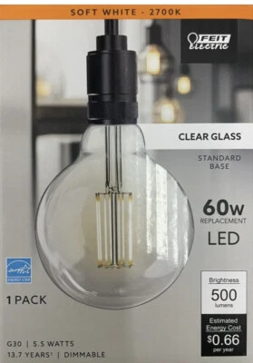 Feit Electric 60-Watt Clear Glass G30 LED w/Standard Medium Base - NEW - Image 1 of 2