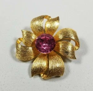 Singed DODDS Pink Stone on a Gold Tone Ribbon Bow Brooch Pin VTG  - Picture 1 of 7