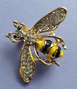 CRYSTAL-WINGED HONEY BEE WASP BROOCH PIN Enamel / Crystals / Gold-tone Alloy - Picture 1 of 5