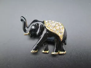 Vintage Elephant Brooch Pin Black Enamel Rhinestone Estate Gorgeous c 1970 - Picture 1 of 7