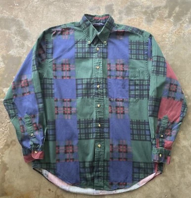 Camisa Vintage Años 90 Nautica Multicolor Rayas Cuadros Bloques de Color Botón M Franela Foto 1 de 4