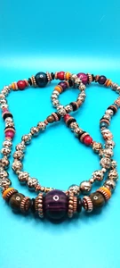 Vintage Boho Style 35" Necklace, Colorful Glass Bead Stations, Metal Rose Beads. - Picture 1 of 5