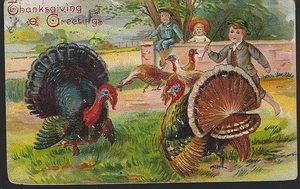 Thanksgiving Greetings Children Turkeys Vintage Holiday Postcard - Picture 1 of 2
