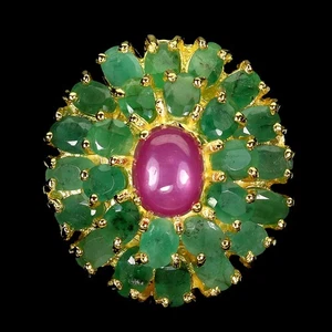 925 Sterling Silver Ring Oval Ruby 7x5mm Emerald Natural Gemstone Jewelry Sz 7.5 - Picture 1 of 14