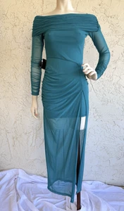 BEBE Mesh Maxi Dress NWT $159 Teal Blue Off Shoulder Long Sleeve Sheer Tulle S - Picture 1 of 11