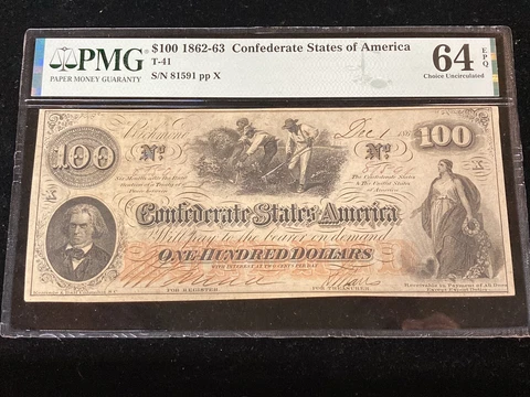 1862-63 Confederate Currency $100 T-41 CSA - Civil War - PMG 64 EPQ Choice Unc Cover