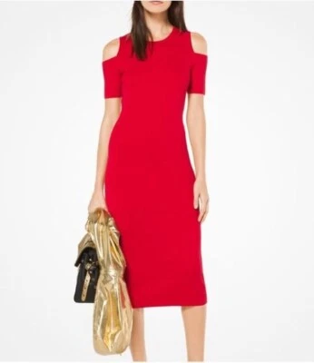 Vestido Michael Kors Rojo Tejido Hombro Frío Bodycon Midi Minorista $175 Para Mujer Talla M Foto 1 de 4