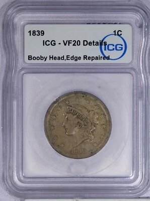 1839 Braided Hair Large Cent 1c ICG VF20 Details - Booby Head - Image 1 of 2