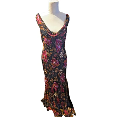 Diane Freis Silk Hand Beaded Floral Long Dress Size 12 Black Vintage 90s Y2K - Image 1 of 4