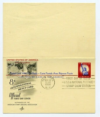 1956 FDC SCOTT US 8C INTERNATIONAL REPLY POSTCARD 4C W/REPLY ASDA STAMP SHOW - Image 1 of 2