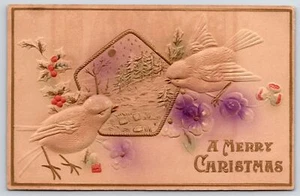 A Merry Christmas Embossed Birds And Pine Trees Greetings & Wishes Postcard - Picture 1 of 2