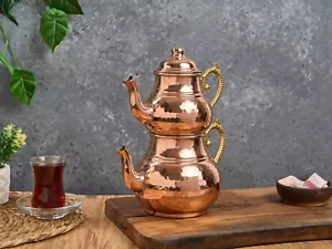 TURKISH TRADITIONAL HANDMADE HANDHAMMERED COPPER TEAPOT SET SEMAVER - LARGE - Picture 1 of 4