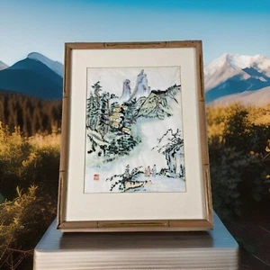 Vintage Bamboo Framed Chinese Watercolor Painting on Woven Silk Paper 17"Hx13"W - Picture 1 of 12