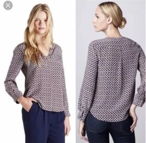 Joie Osana Sailboat Silk Printed Blouse Navy Blue Red 100% Silk Button Down S - Picture 1 of 10