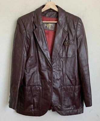 Chaqueta Etienne Aigner Cuero Marrón Cuello Logo Botones Bolsillos Forrados Talla 10 Foto 1 de 4