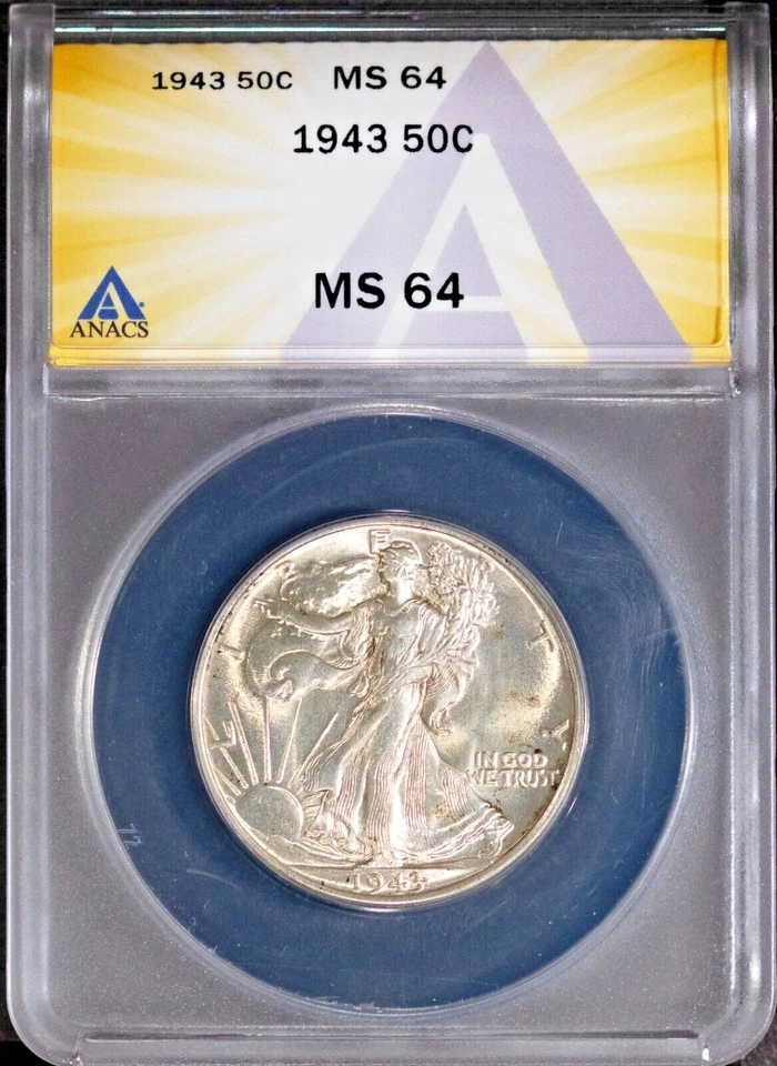 1943 50c Silver Walking Liberty Half-dollar MS 64 ANACS # 7625646 + Bonus - Image 1 of 2
