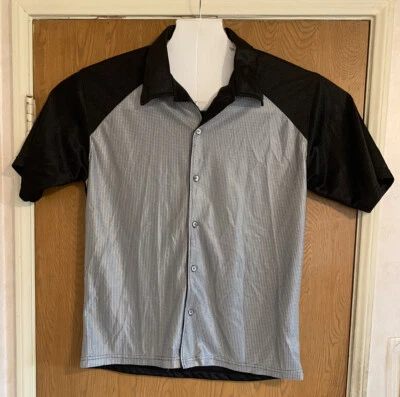 VTG ODO Mens Shirt Sz Large Short Sleeve Button Front Shiny Silver Black Disco Foto 1 de 4
