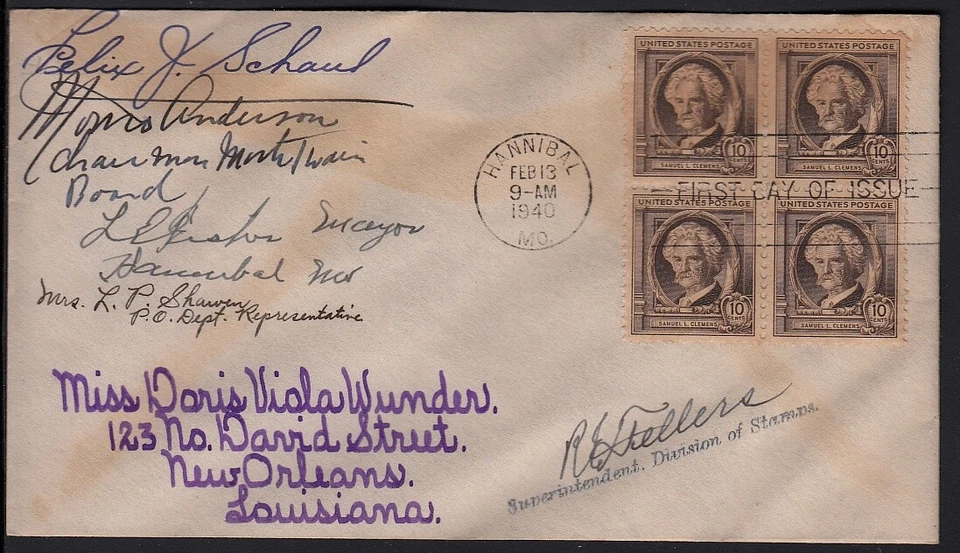 1940 Sc 863 Samuel Clemens signed by stamp designers, engravers etc. to Wunder - Image 1 of 2
