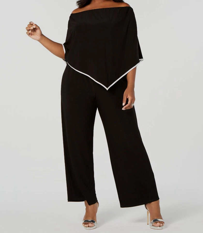 Msk Women's Black White Off-The-Shoulder Stretch Poncho Jumpsuit Plus Sz 2X