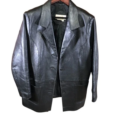 Venezia Womens Genuine Leather Blazer Jacket Size B0 Black Button Up Collared - Image 1 of 4