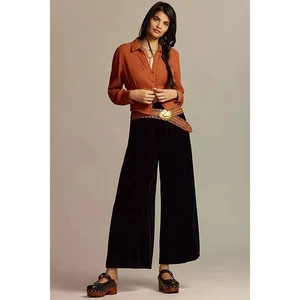 Anthropologie Size XS Black Velvet The Somerset Wide Leg Pants Elastic Waist NWT - Picture 1 of 10