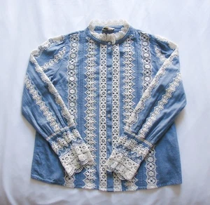 Women's Sezane Rym Blue Ecru Dentelle Long Sleeve Button Up Shirt Blouse 40 - Picture 1 of 6