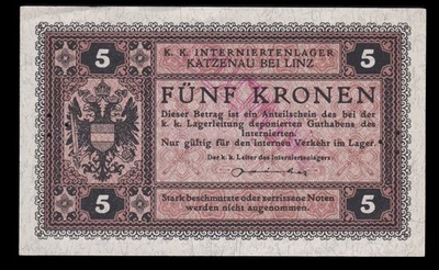 i-010291 Austria-Hungary 5 Kronen 1916. POW Camp Katzenau bei Linz Cancelled - Image 1 of 2