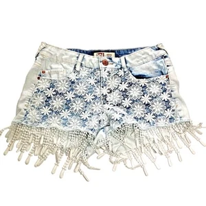LEI Ashley Low Rise Womens Jean Shorts 1 Fringe Lace Hippie BOHO L.E.I. - Picture 1 of 7
