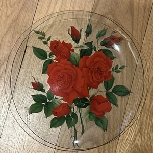 VIKING GLASS CLEAR WITH RED ROSES FLORAL PATTERN 12" PLATTER GOLD GILT - Picture 1 of 4