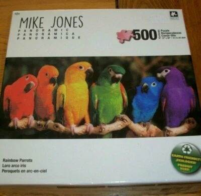 Panoramic Jigsaw Puzzle 500 Pieces Rainbow Of Colorful Parrots On Perch Complete - Image 1 of 4