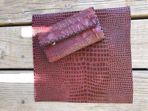 Genuine Leather Sheets, Burgundy Squares, DIY Craft, Crocodile Embossed Material - Picture 1 of 13