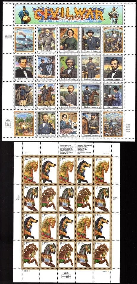 Scott #2975-2979a Civil War & Carousel Horses Sheet of 20 Stamps - MNH - Image 1 of 1